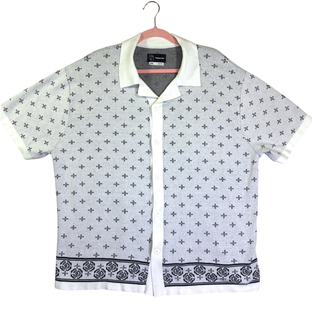 Original Use Mens XXL White Black Knit Short Sleeve Camp Collar Button Down